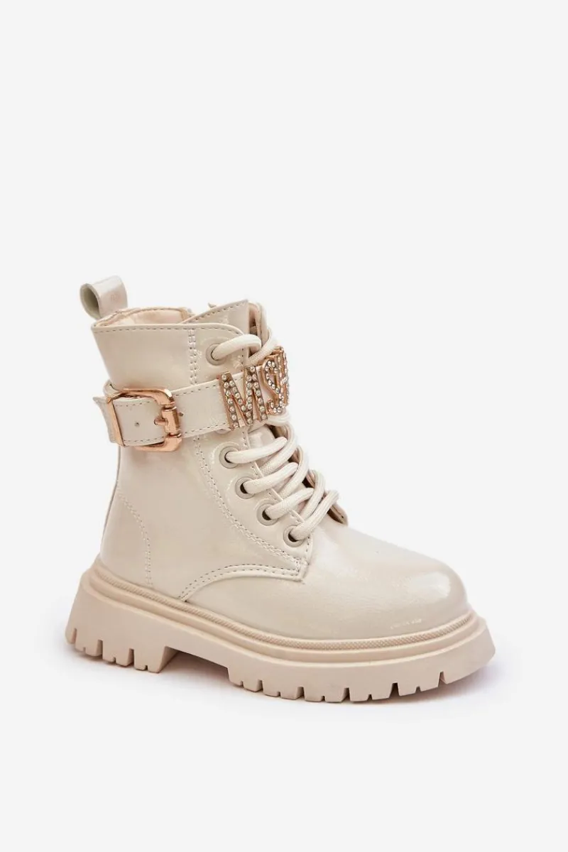 Dziewczęce>Boto Botki Dziewczęce Lakierowane Ocieplane Z Ozdobnym Paskiem Beżowe Gilian