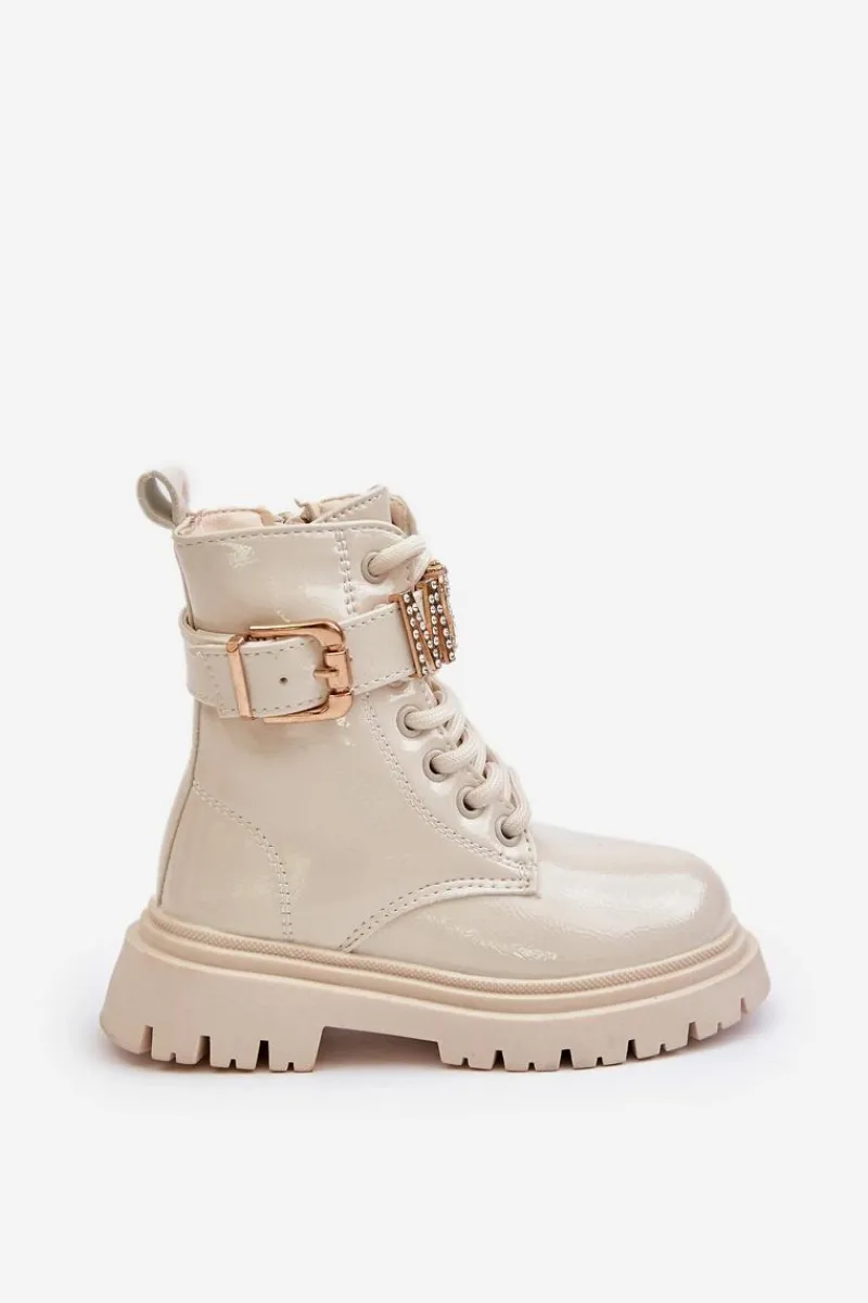 Dziewczęce>Boto Botki Dziewczęce Lakierowane Ocieplane Z Ozdobnym Paskiem Beżowe Gilian