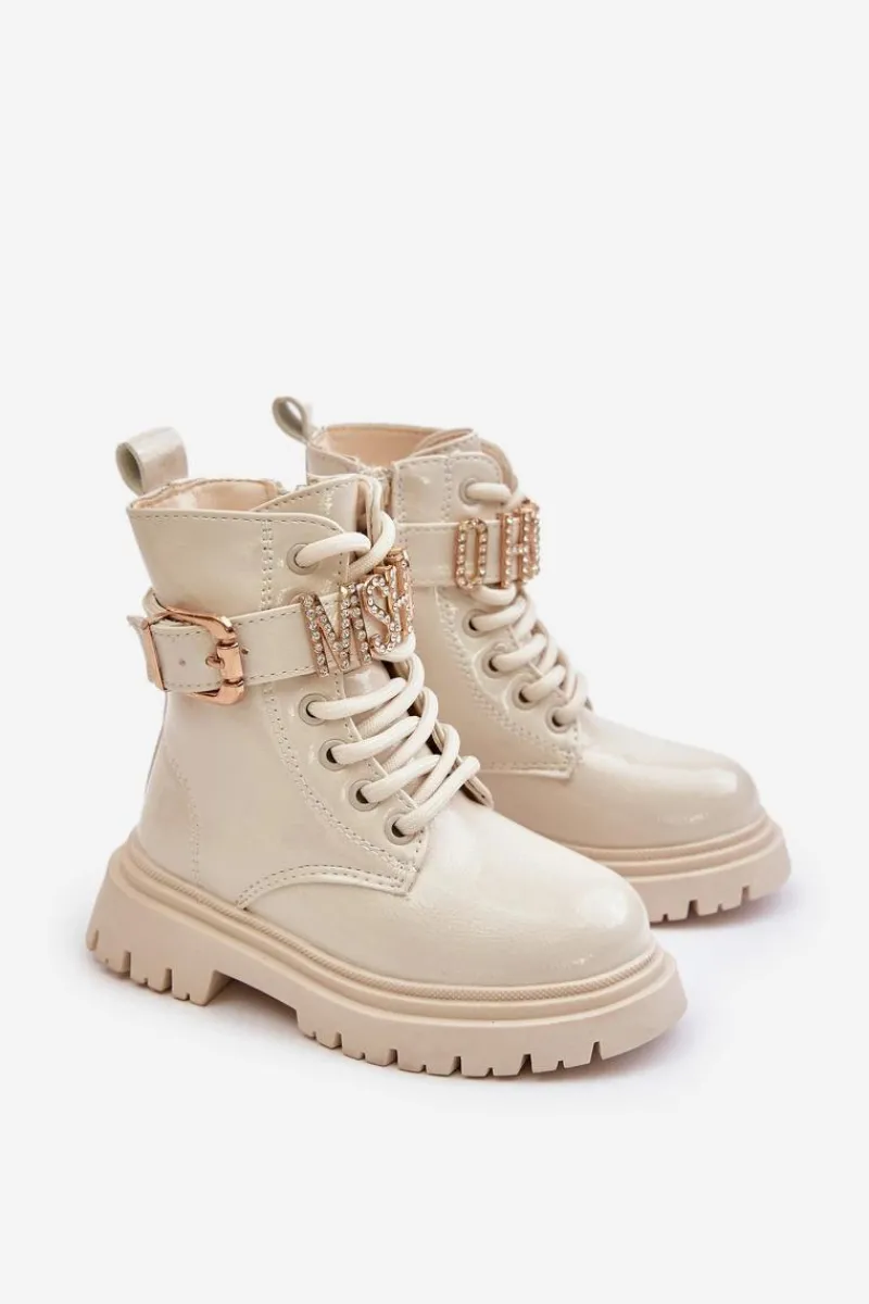 Dziewczęce>Boto Botki Dziewczęce Lakierowane Ocieplane Z Ozdobnym Paskiem Beżowe Gilian