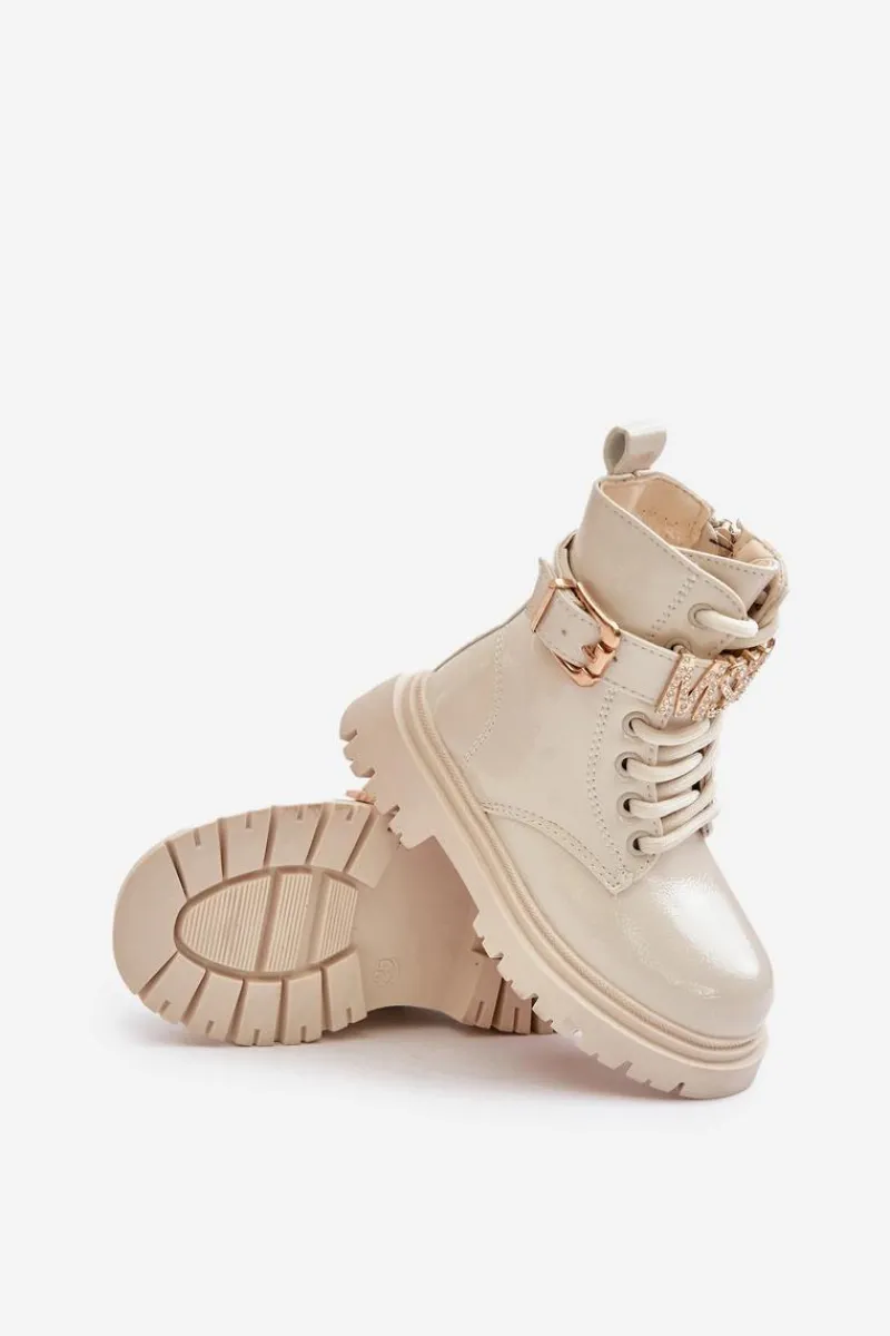 Dziewczęce>Boto Botki Dziewczęce Lakierowane Ocieplane Z Ozdobnym Paskiem Beżowe Gilian