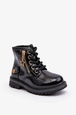 New Evento Botki Dziewczęce Lakierowane Na Suwak Ocieplane Czarne Felori Czarny