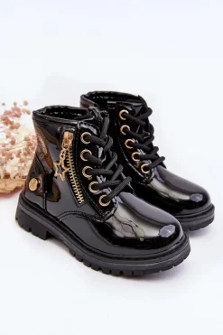 New Evento Botki Dziewczęce Lakierowane Na Suwak Ocieplane Czarne Felori Czarny