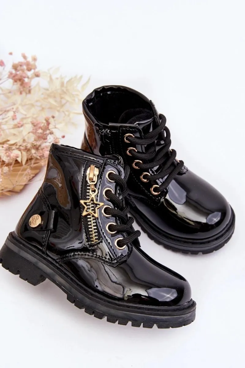 New Evento Botki Dziewczęce Lakierowane Na Suwak Ocieplane Czarne Felori Czarny