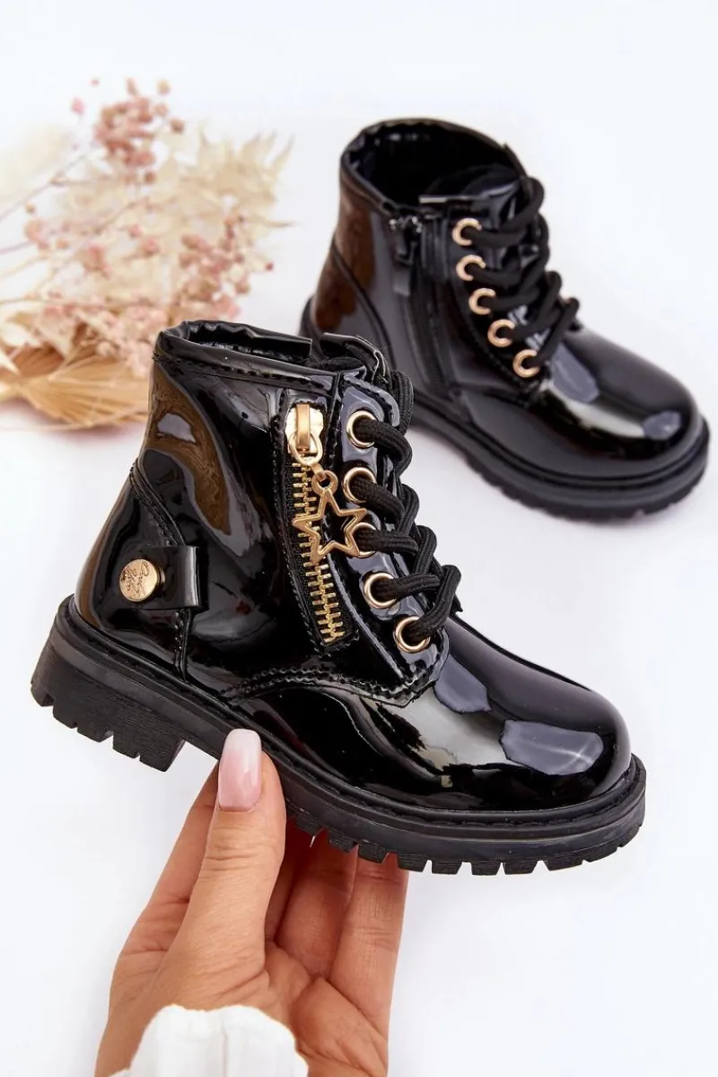 New Evento Botki Dziewczęce Lakierowane Na Suwak Ocieplane Czarne Felori Czarny