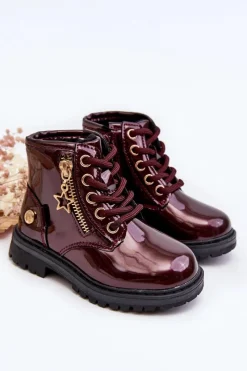 Dziewczęce>Evento Botki Dziewczęce Lakierowane Na Suwak Ocieplane Bordowe Felori