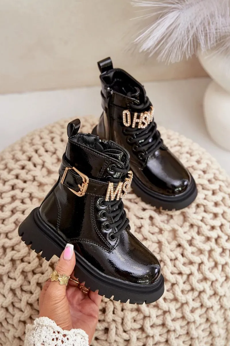 Dziewczęce>Boto Botki Dziewczęce Lakierowane Ocieplane Z Ozdobnym Paskiem Czarne Gilian