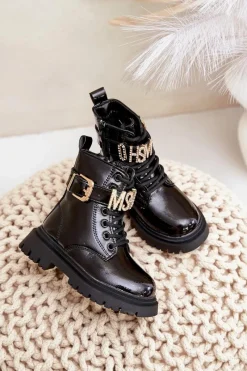 Dziewczęce>Boto Botki Dziewczęce Lakierowane Ocieplane Z Ozdobnym Paskiem Czarne Gilian