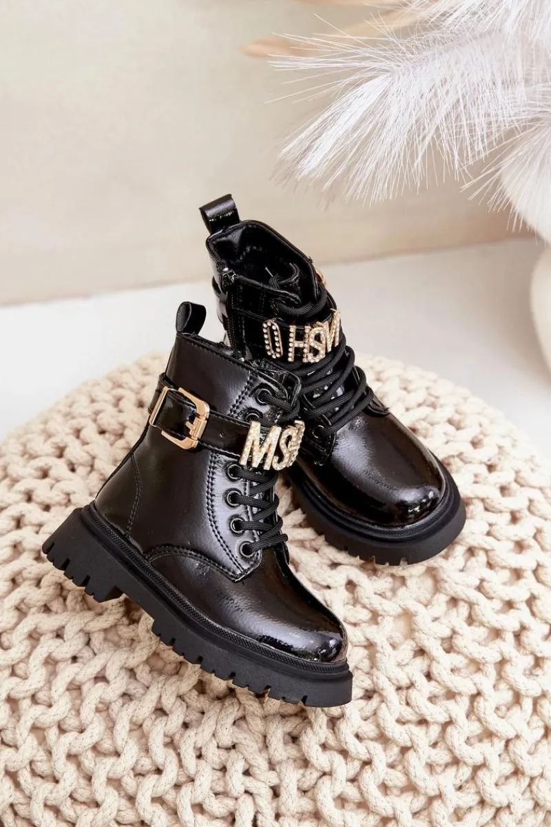 Dziewczęce>Boto Botki Dziewczęce Lakierowane Ocieplane Z Ozdobnym Paskiem Czarne Gilian