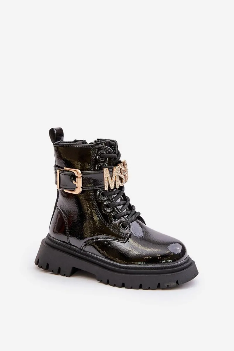 Dziewczęce>Boto Botki Dziewczęce Lakierowane Ocieplane Z Ozdobnym Paskiem Czarne Gilian