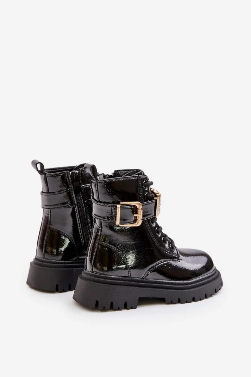 Dziewczęce>Boto Botki Dziewczęce Lakierowane Ocieplane Z Ozdobnym Paskiem Czarne Gilian
