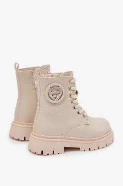 Hot Botki Dziewczęce Ocieplane Futerkiem Z Ozdobą LOVE Beżowe Rosaira Dzieci Dziewczęce