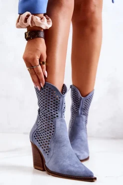 Online Botki Kowbojki Ażurowe Na Słupku Niebieskie Caroline Damskie Kozaki Zamszowe|Botki Wiosenne