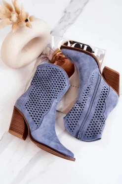 Online Botki Kowbojki Ażurowe Na Słupku Niebieskie Caroline Damskie Kozaki Zamszowe|Botki Wiosenne