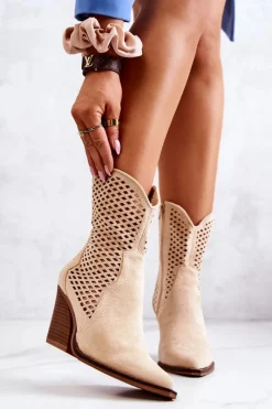 Boto Botki Kowbojki Ażurowe Na Słupku Beżowe Caroline