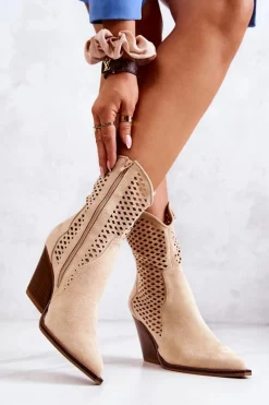 Boto Botki Kowbojki Ażurowe Na Słupku Beżowe Caroline