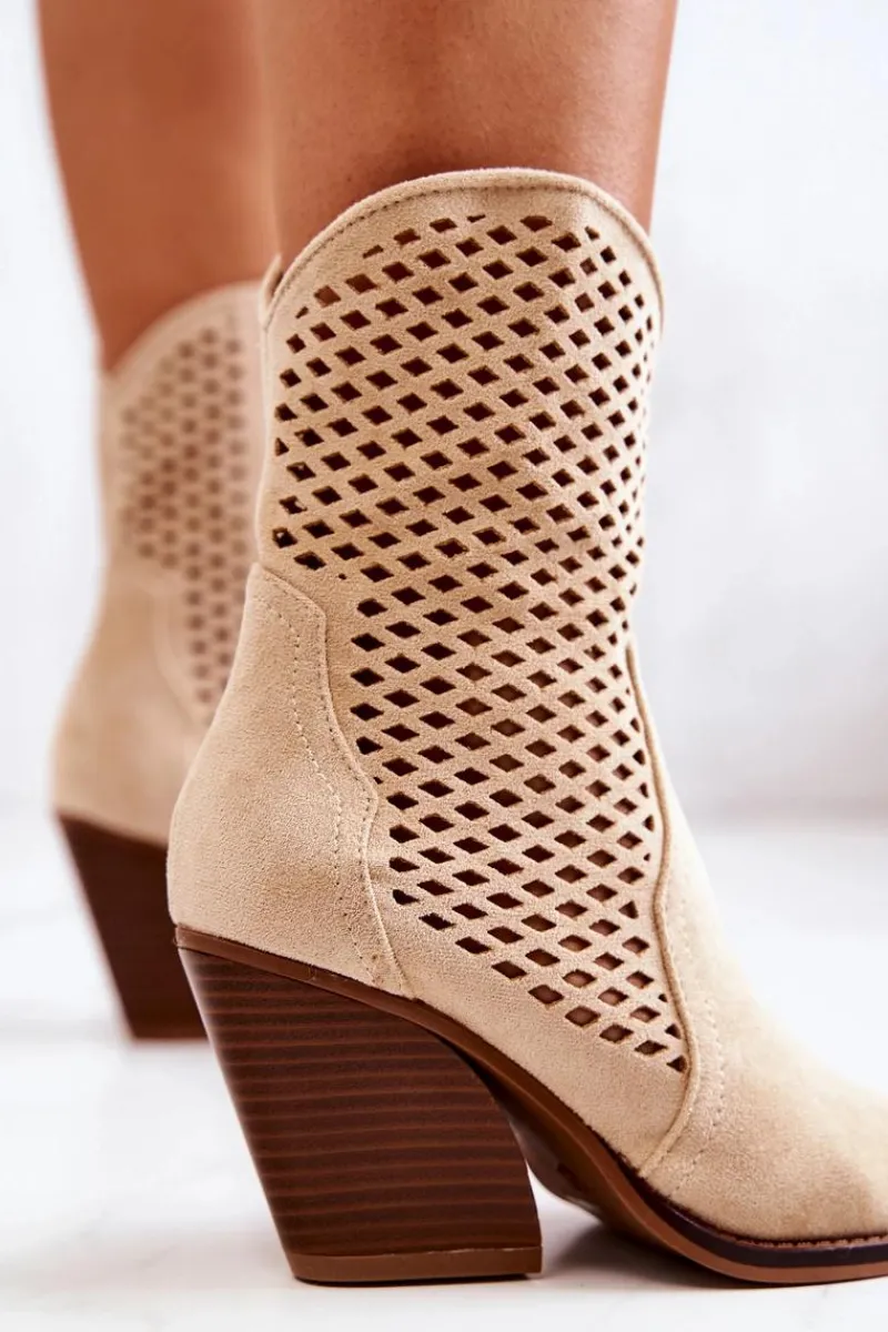 Boto Botki Kowbojki Ażurowe Na Słupku Beżowe Caroline