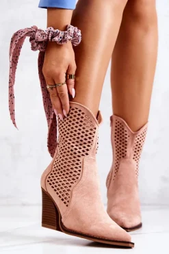 Online Boto Botki Kowbojki Ażurowe Na Słupku Różowe Caroline