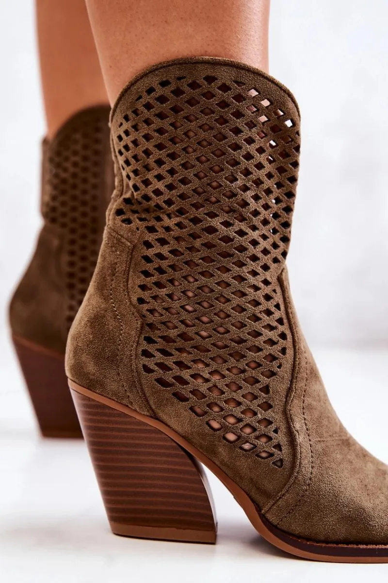 Outlet Botki Kowbojki Ażurowe Na Słupku Khaki Caroline Damskie Kozaki Zamszowe|Botki Wiosenne