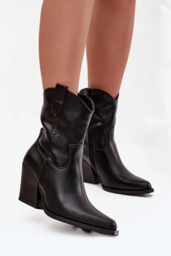 New Botki Kowbojki Damskie Eko Skórzane Na Słupku Czarne Morelia Damskie Botki Ocieplane|Botki Skórzane