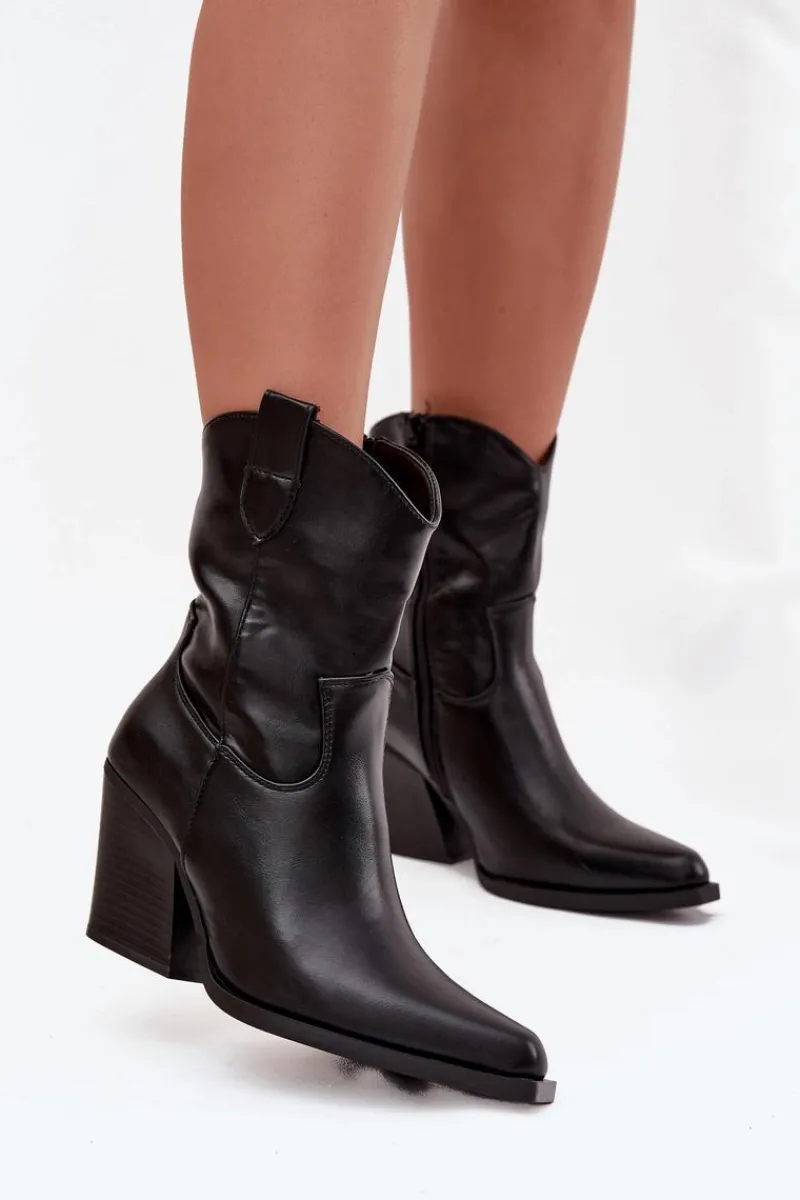 New Botki Kowbojki Damskie Eko Skórzane Na Słupku Czarne Morelia Damskie Botki Ocieplane|Botki Skórzane