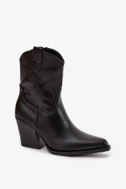 New Botki Kowbojki Damskie Eko Skórzane Na Słupku Czarne Morelia Damskie Botki Ocieplane|Botki Skórzane