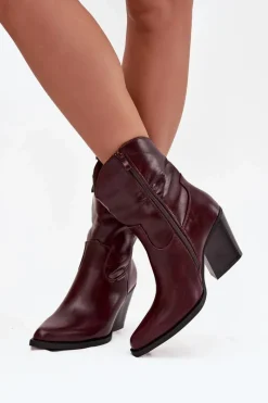 Clearance Boto Botki Kowbojki Damskie Eko Skórzane Na Słupku Bordowe Morelia Czerwony