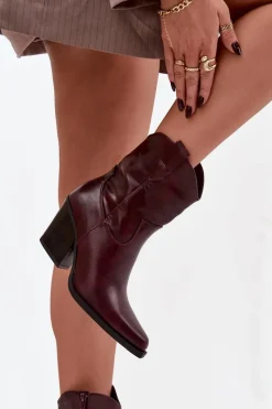 Clearance Boto Botki Kowbojki Damskie Eko Skórzane Na Słupku Bordowe Morelia Czerwony