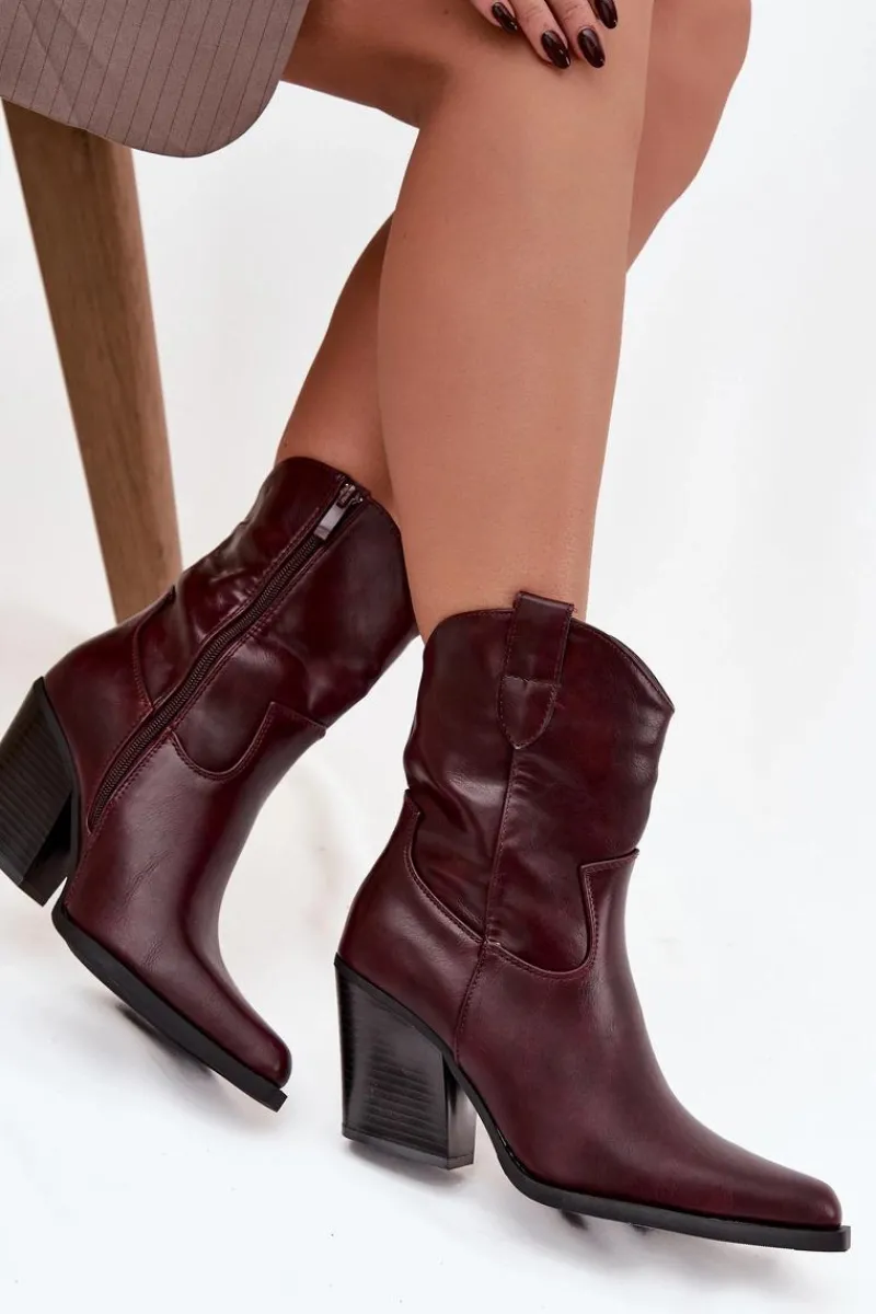 Clearance Boto Botki Kowbojki Damskie Eko Skórzane Na Słupku Bordowe Morelia Czerwony