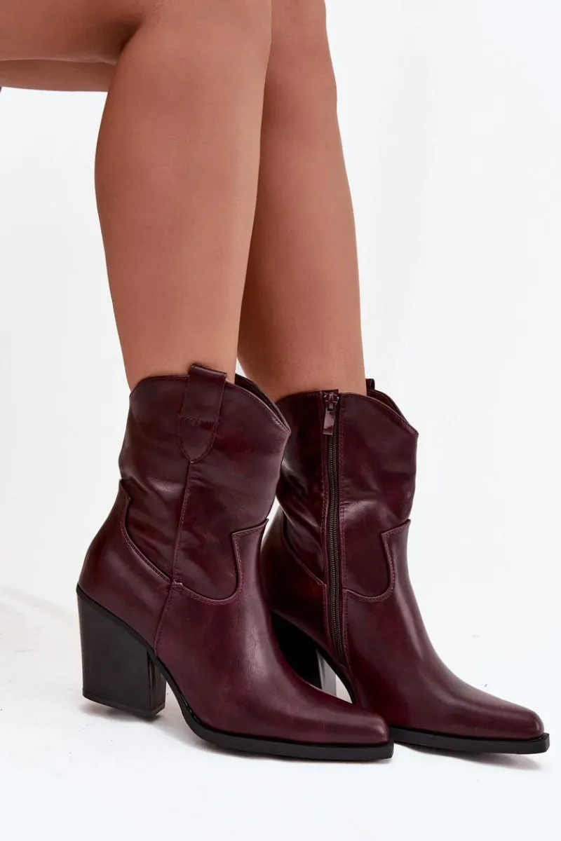 Clearance Boto Botki Kowbojki Damskie Eko Skórzane Na Słupku Bordowe Morelia Czerwony