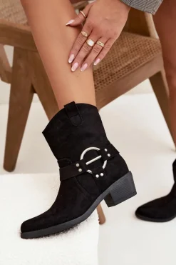 Clearance Botki Kowbojki Damskie Na Obcasie Z Ozdobnym Detalem Czarne Halivine Damskie Botki Na Słupku|Botki Na Obcasie