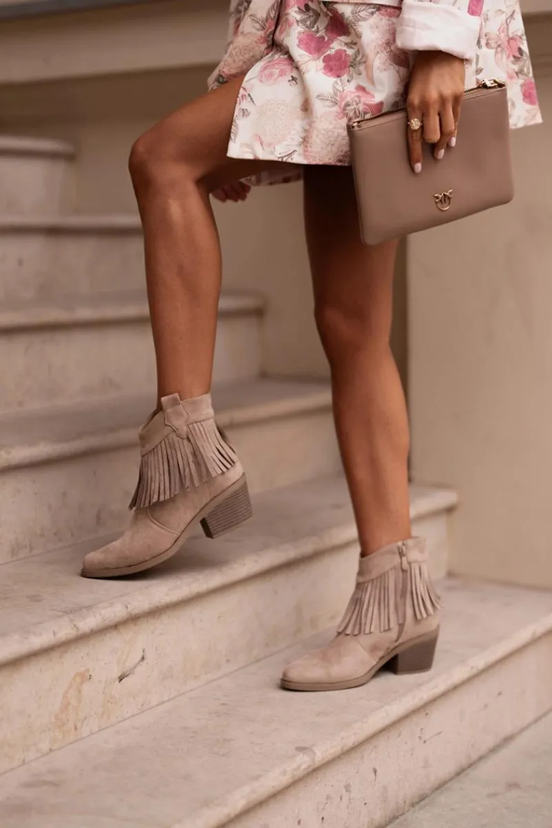 Botki Kowbojki Damskie Na Zamek Eko Zamszowe Beżowe S.Barski HY42-127 Damskie Botki Skórzane|Botki Na Słupku