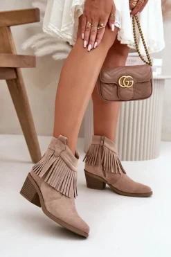 Botki Kowbojki Damskie Na Zamek Eko Zamszowe Beżowe S.Barski HY42-127 Damskie Botki Skórzane|Botki Na Słupku