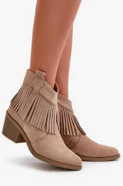 Botki Kowbojki Damskie Na Zamek Eko Zamszowe Beżowe S.Barski HY42-127 Damskie Botki Skórzane|Botki Na Słupku