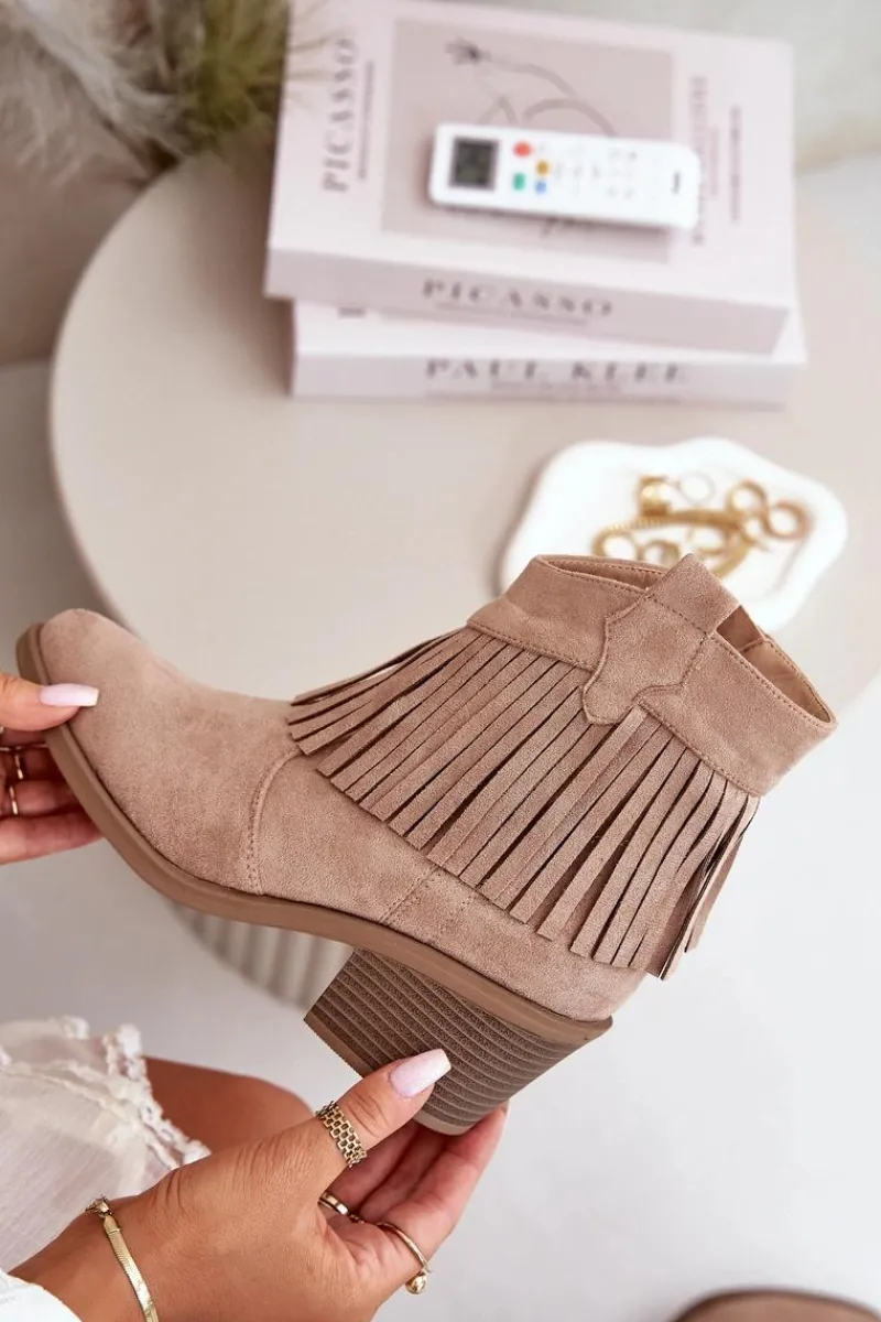 Botki Kowbojki Damskie Na Zamek Eko Zamszowe Beżowe S.Barski HY42-127 Damskie Botki Skórzane|Botki Na Słupku