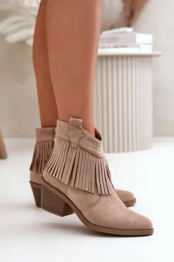 Botki Kowbojki Damskie Na Zamek Eko Zamszowe Beżowe S.Barski HY42-127 Damskie Botki Skórzane|Botki Na Słupku