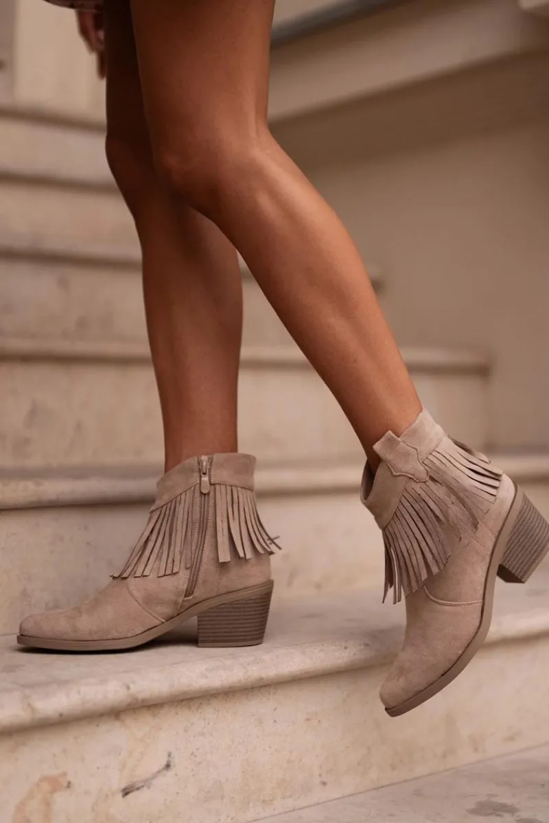 Botki Kowbojki Damskie Na Zamek Eko Zamszowe Beżowe S.Barski HY42-127 Damskie Botki Skórzane|Botki Na Słupku