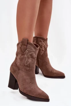 Hot Boto Botki Kowbojki Damskie Na Słupku Eko Zamszowe Ciemnobeżowe Carissa Beżowy