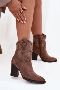 Hot Boto Botki Kowbojki Damskie Na Słupku Eko Zamszowe Ciemnobeżowe Carissa Beżowy