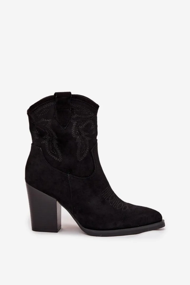 Botki Na Słupku|Botki Na Obcasie>Boto Botki Kowbojki Damskie Na Słupku Eko Zamszowe Czarne Carissa Czarny
