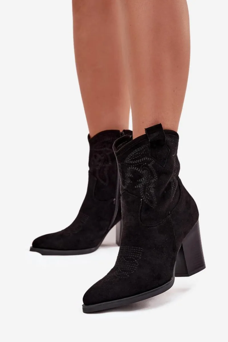 Botki Na Słupku|Botki Na Obcasie>Boto Botki Kowbojki Damskie Na Słupku Eko Zamszowe Czarne Carissa Czarny