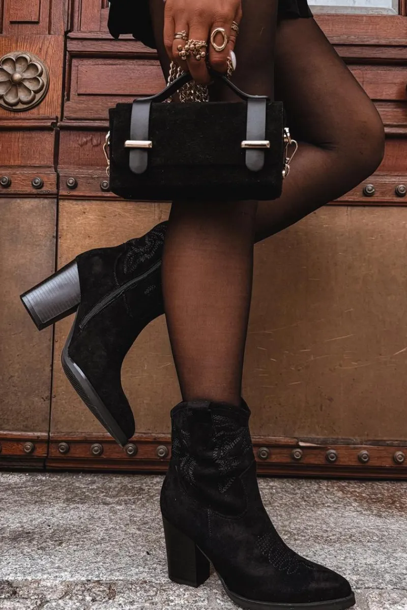 Botki Na Słupku|Botki Na Obcasie>Boto Botki Kowbojki Damskie Na Słupku Eko Zamszowe Czarne Carissa Czarny