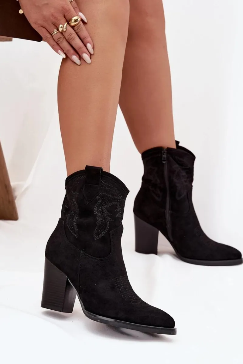 Botki Na Słupku|Botki Na Obcasie>Boto Botki Kowbojki Damskie Na Słupku Eko Zamszowe Czarne Carissa Czarny