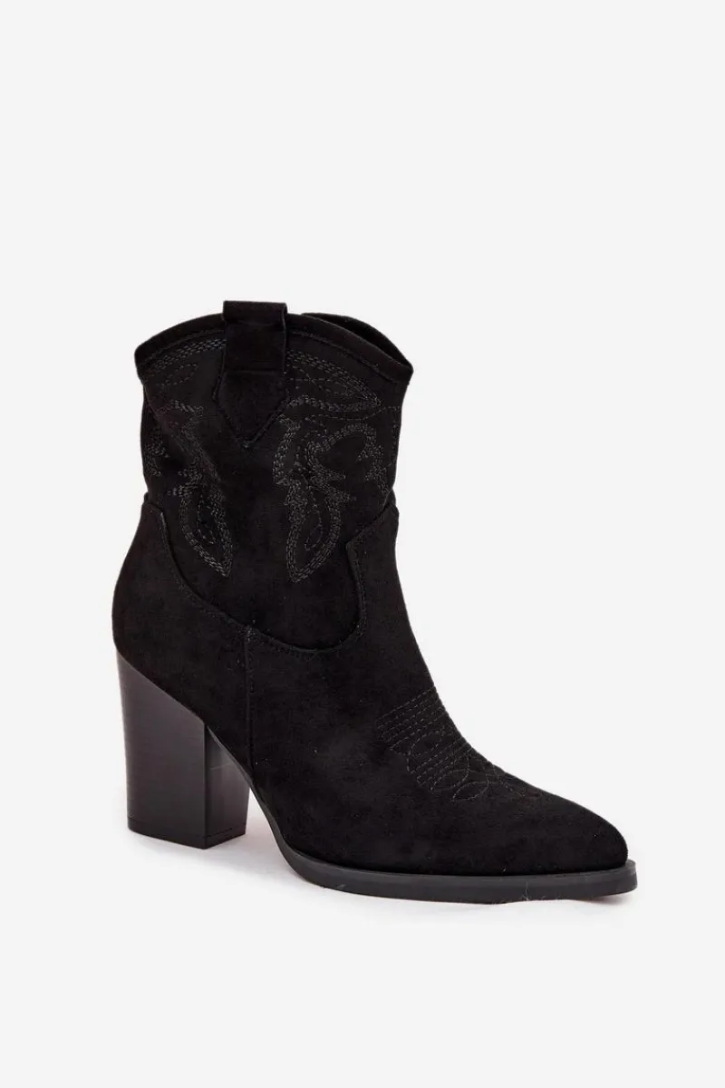 Botki Na Słupku|Botki Na Obcasie>Boto Botki Kowbojki Damskie Na Słupku Eko Zamszowe Czarne Carissa Czarny