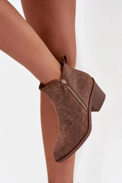 Hot Botki Kowbojki Damskie Na Obcasie S.Barski HY52-538 Brązowe Damskie Botki Na Słupku|Botki Ażurowe