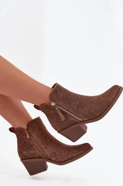 Hot Botki Kowbojki Damskie Na Obcasie S.Barski HY52-538 Brązowe Damskie Botki Na Słupku|Botki Ażurowe