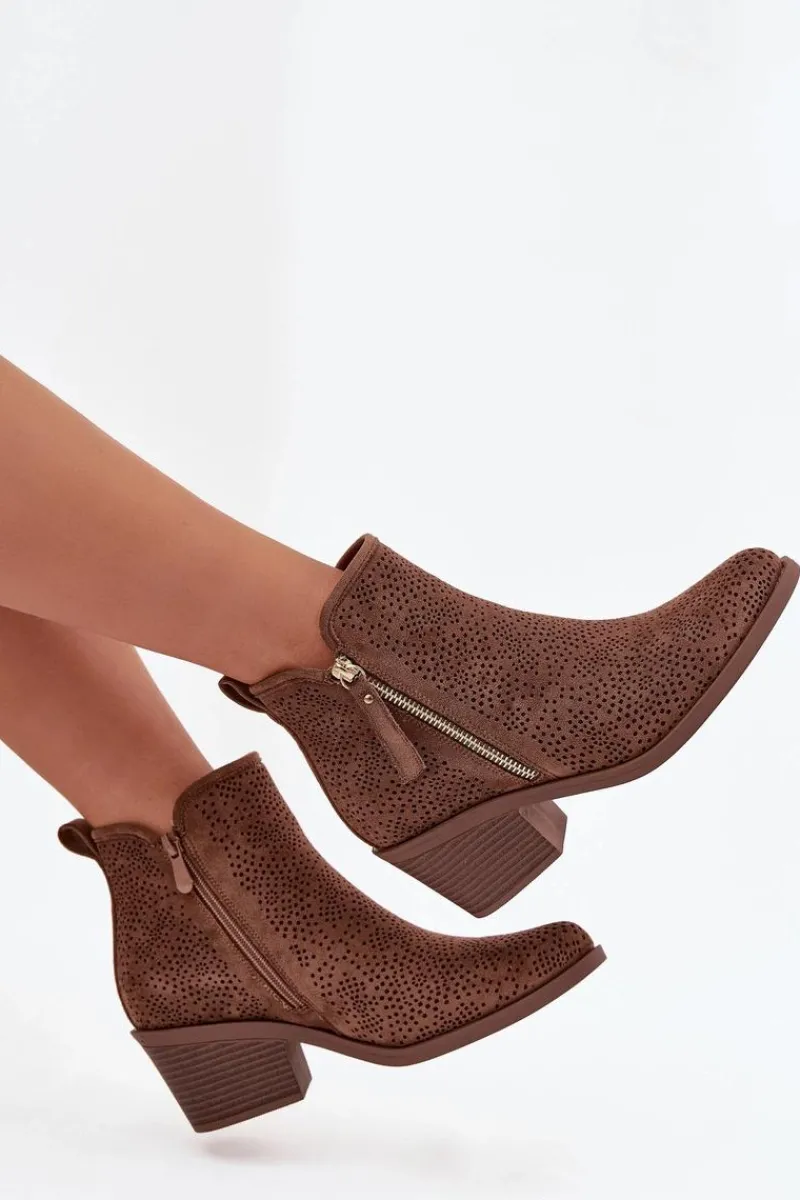 Hot Botki Kowbojki Damskie Na Obcasie S.Barski HY52-538 Brązowe Damskie Botki Na Słupku|Botki Ażurowe