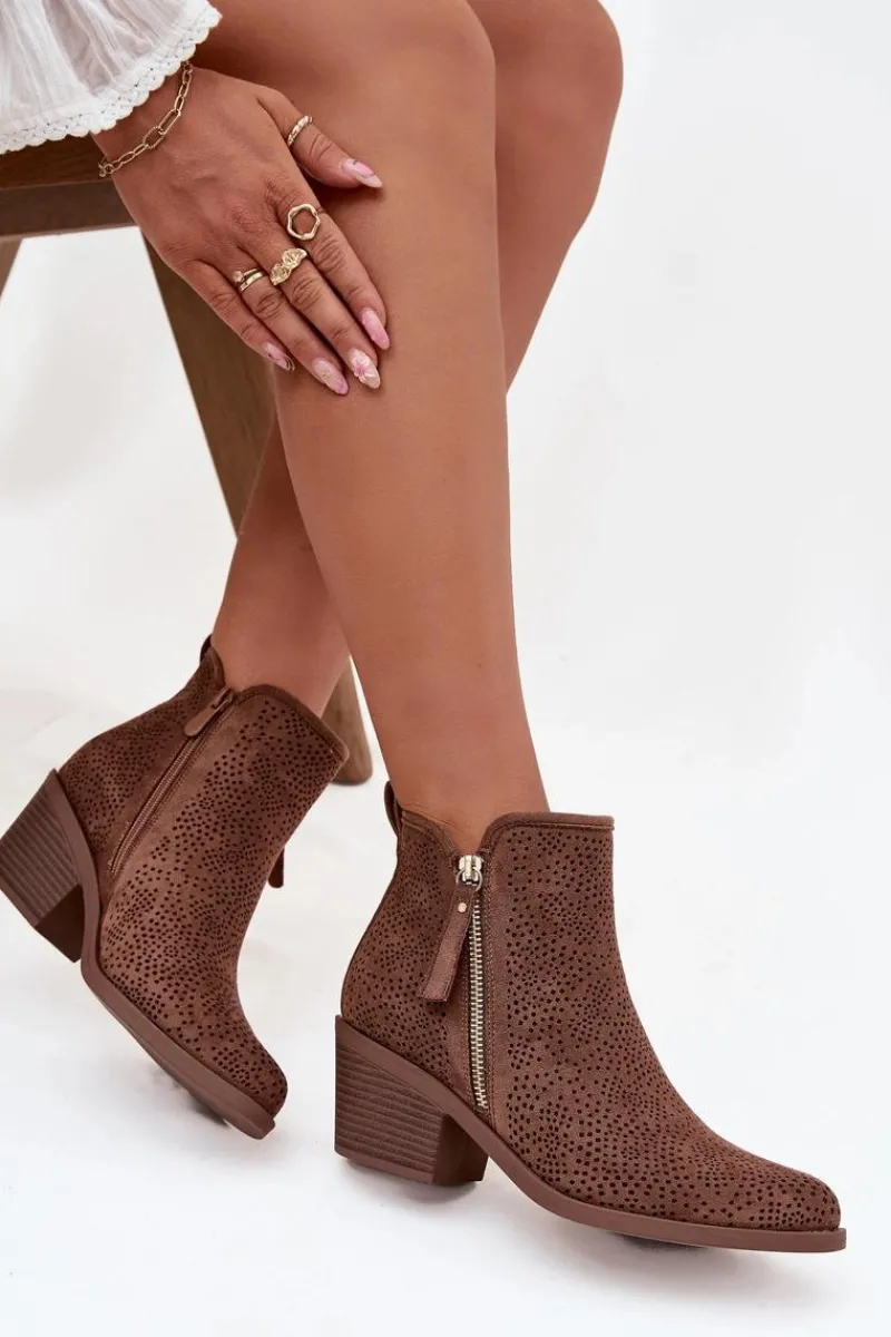 Hot Botki Kowbojki Damskie Na Obcasie S.Barski HY52-538 Brązowe Damskie Botki Na Słupku|Botki Ażurowe