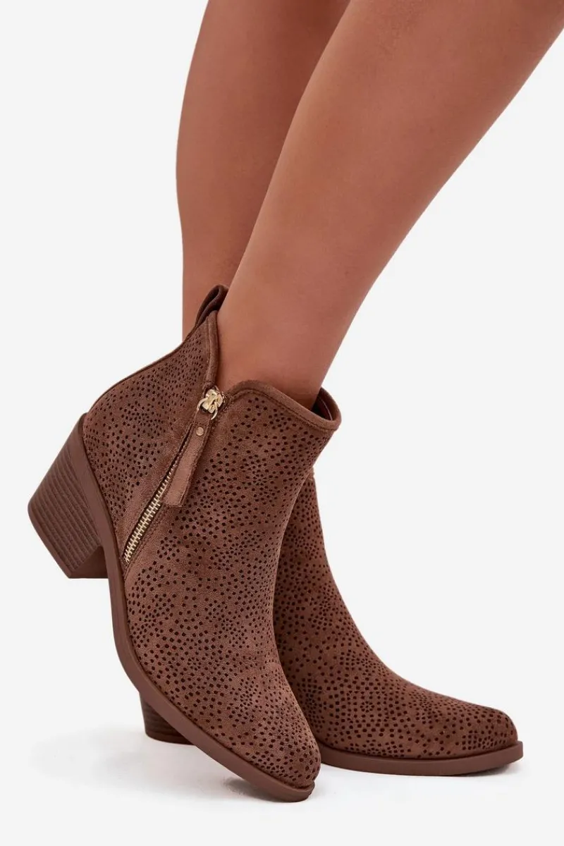 Hot Botki Kowbojki Damskie Na Obcasie S.Barski HY52-538 Brązowe Damskie Botki Na Słupku|Botki Ażurowe