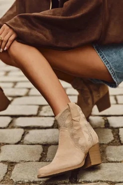 Botki Kowbojki Damskie Ocieplane Ze Zdobieniem Na Słupku Beżowe Arabella Damskie Botki Ocieplane|Botki Na Słupku