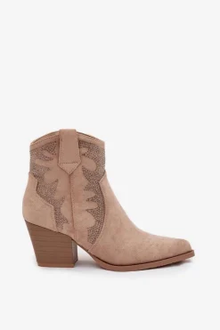 Botki Kowbojki Damskie Ocieplane Ze Zdobieniem Na Słupku Beżowe Arabella Damskie Botki Ocieplane|Botki Na Słupku